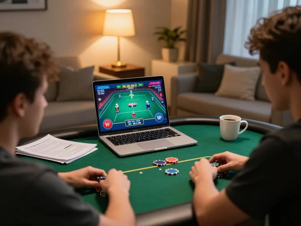 Engaged in Canada online casinos poker strategy while gaming at home, showcasing a laptop setup.