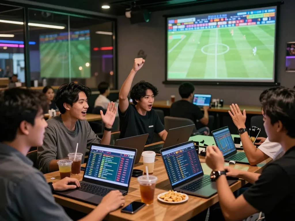 Friends enjoying Judi Bola betting in a lively sports lounge atmosphere.