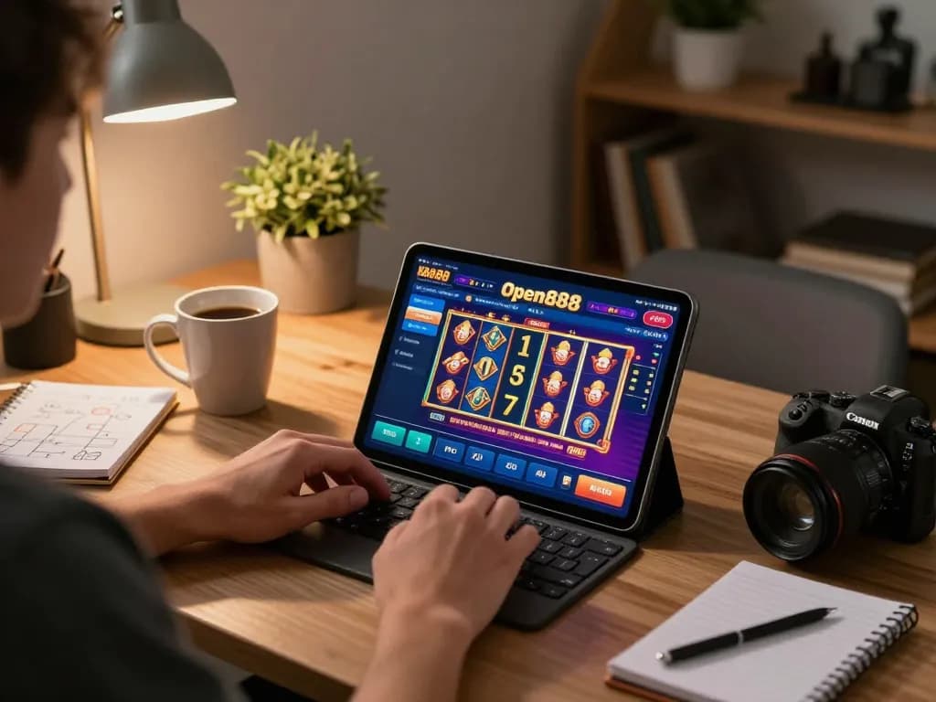 Engaging gameplay on open888 shown on tablet in a cozy home office setting, emphasizing online gambling strategy.