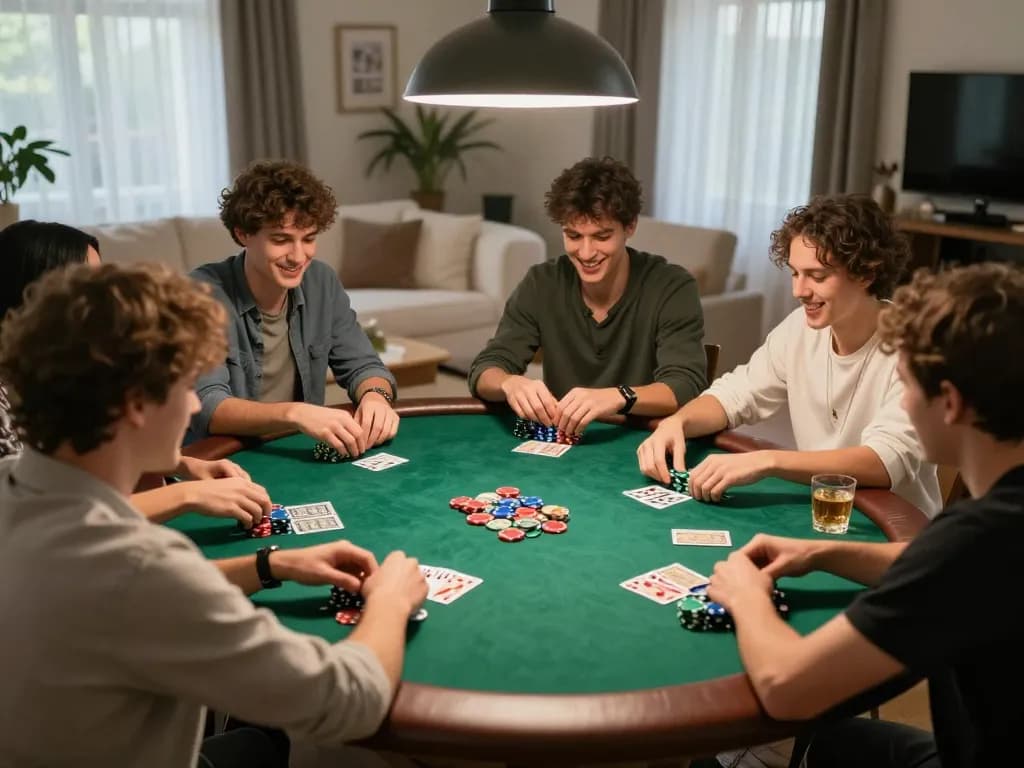 SC88 players engaging in strategic poker game at home with chips and cards visible.
