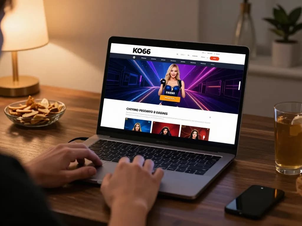 Player engaging with KO66 casino site on laptop in a cozy gaming setup