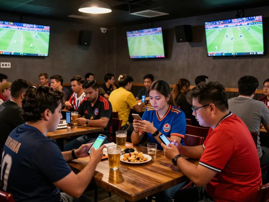 Engaged fans placing cược thể thao bets while watching live sports in a vibrant sports bar atmosphere.