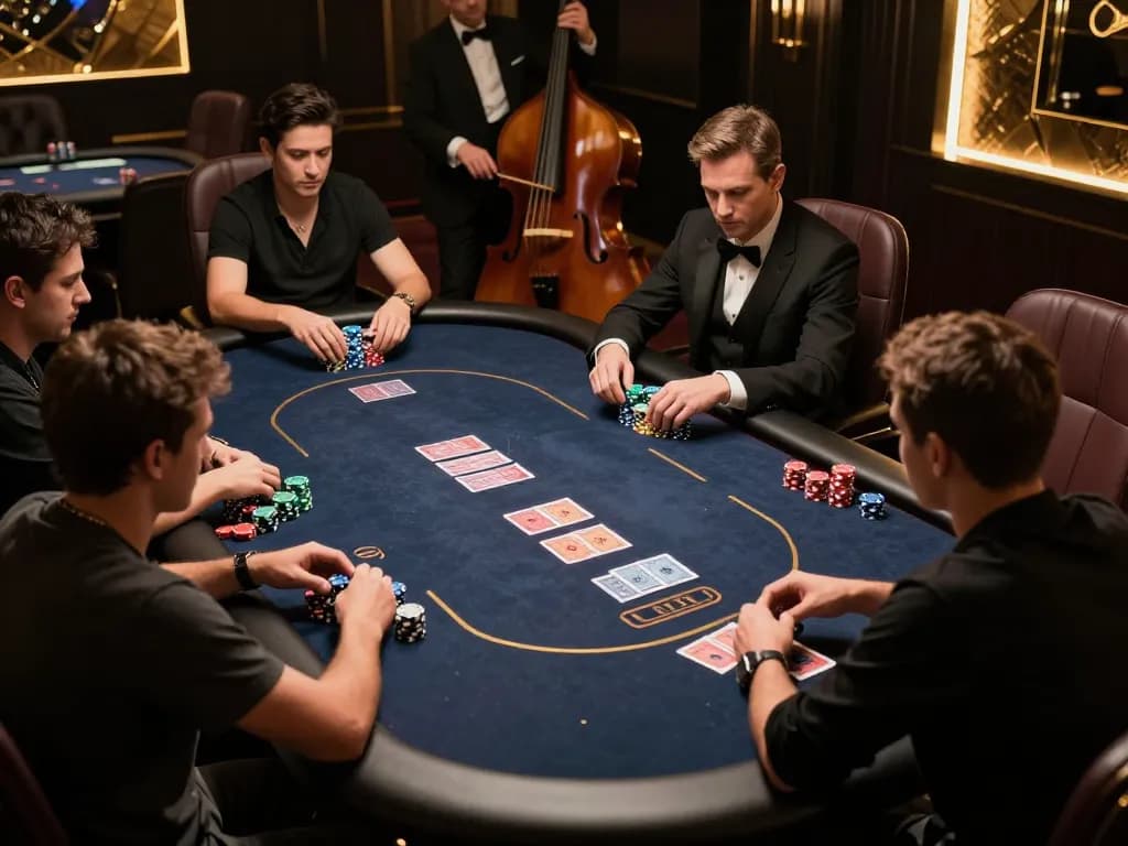 youngsmarts players strategizing in a luxurious poker game environment with chips and cards