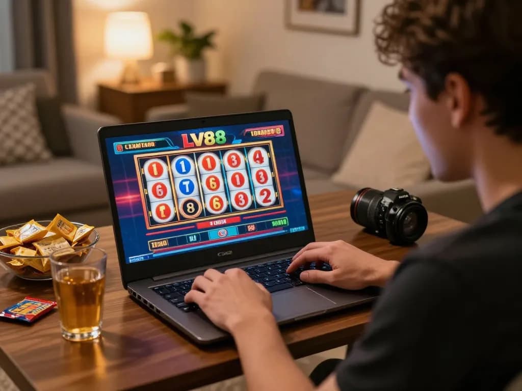 Player enjoying immersive LV88 casino gaming experience on their laptop at home.