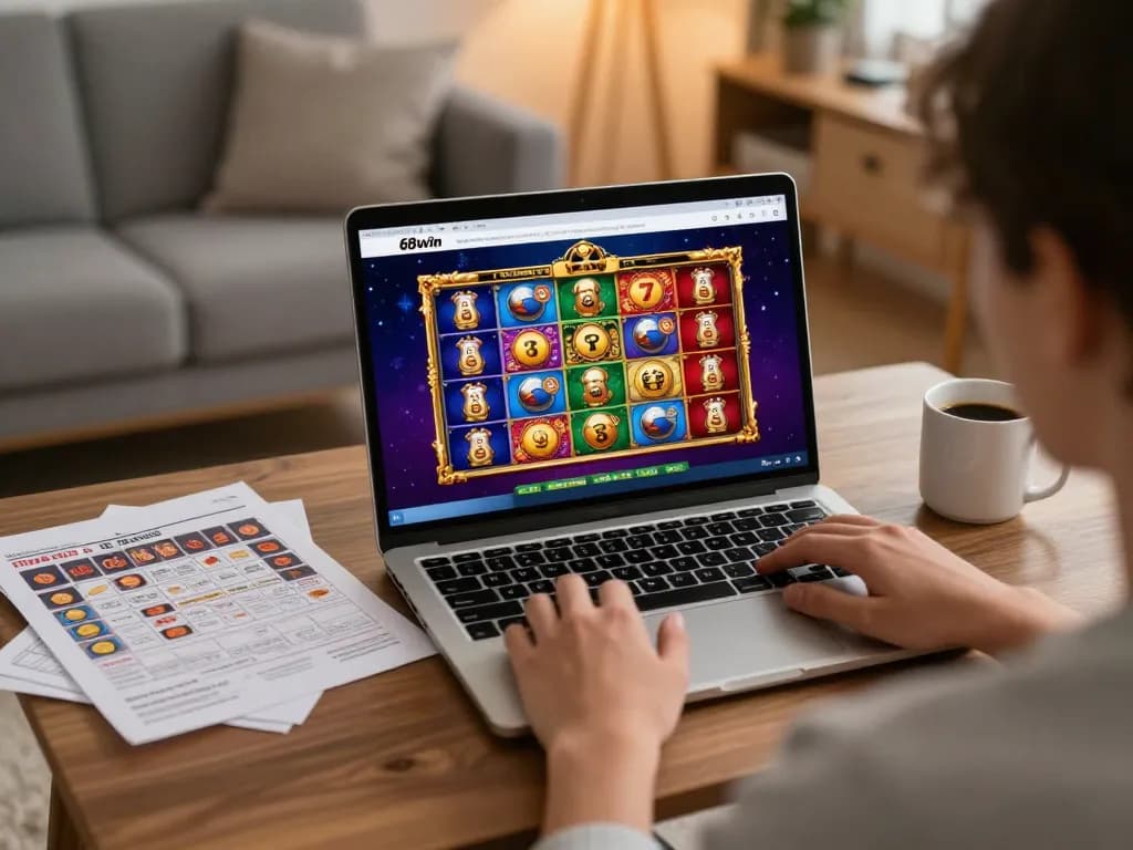 Player enjoying strategic online gameplay on 68win in a cozy home environment, focused on winning strategies.