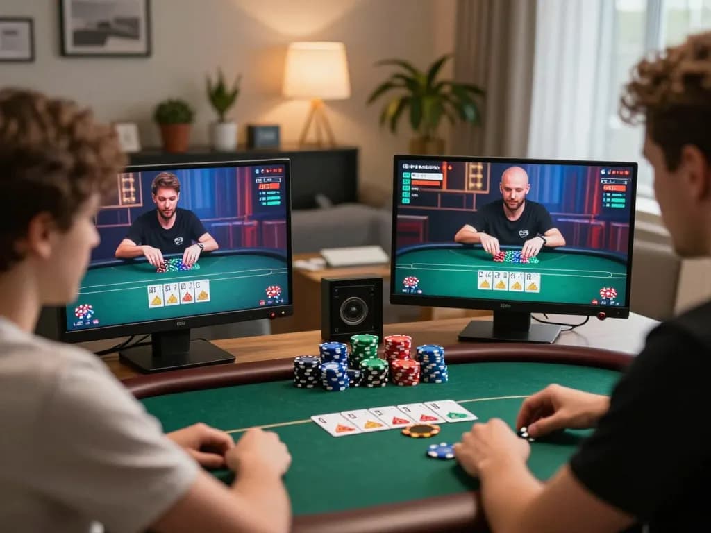Play online poker on mm88 com in a cozy home office during a tournament with engaging gameplay atmosphere.