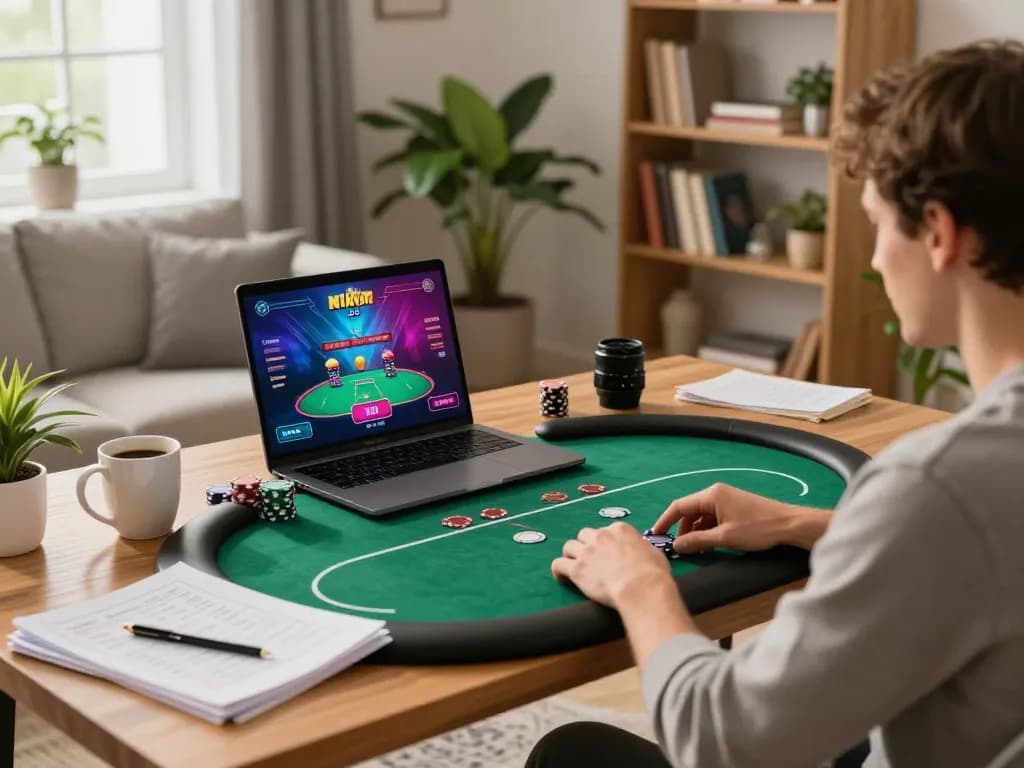 Pemain menikmati permainan poker daring yang intens di rumah dengan catatan strategi asosiasi scrapbooking di dekatnya.