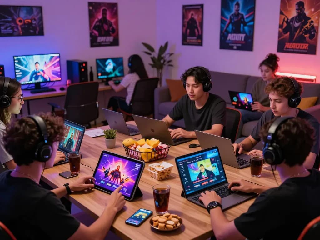 Engaged players enjoying diverse porngames on multiple devices in a vibrant gaming setup.