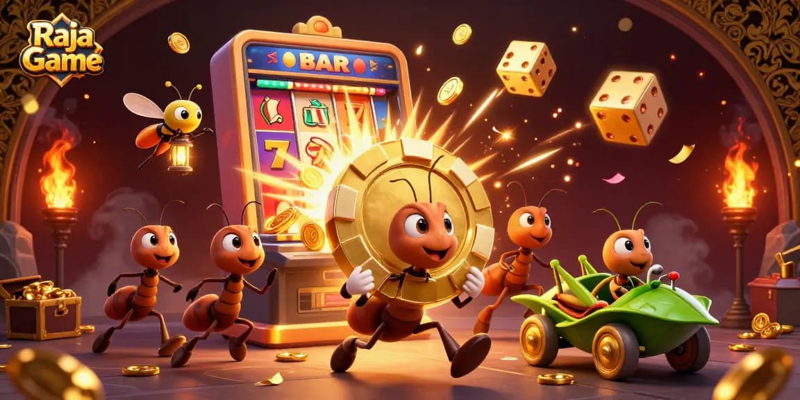 Engage in the exciting Raja Game with ants on a heist, navigating a casino scene filled with golden rewards.