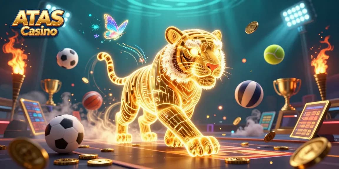 Join the exhilarating world of ATAS Casino featuring dynamic sports elements and a striking golden tiger.