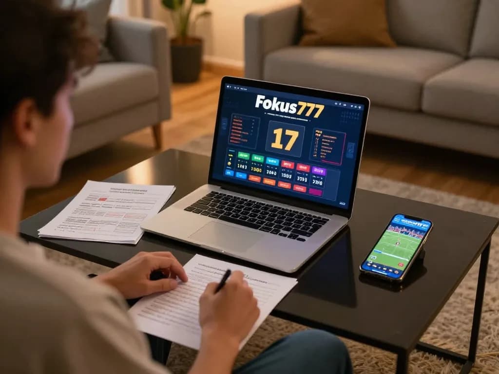 Engaging with Fokus777 online gaming interface while planning betting strategies in a cozy home setting