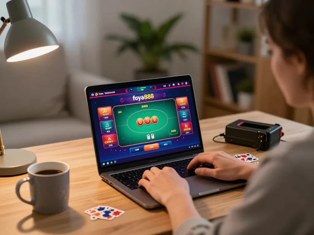 Pemain terlibat dalam poker online strategis di foya888 di meja yang nyaman, menunjukkan aksi permainan yang fokus.