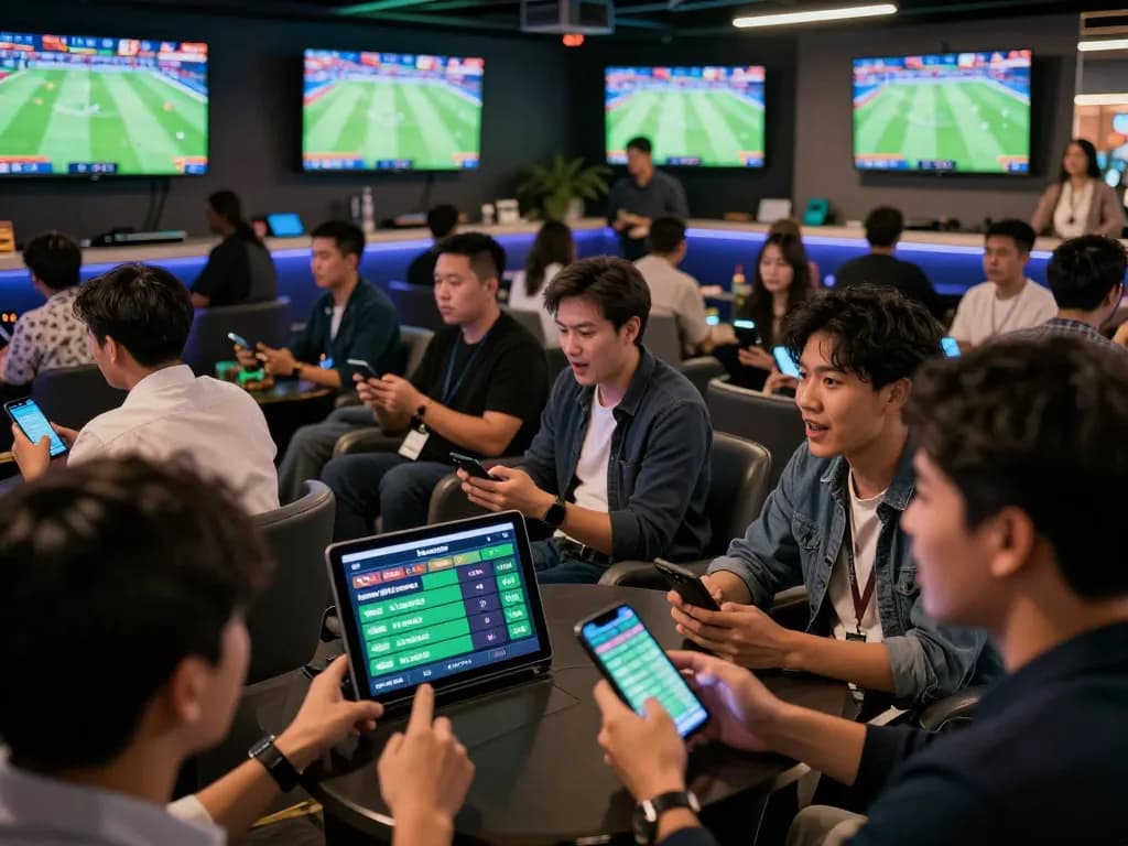 Kèo nhà cái betting interface displayed on tablet amidst a lively sports betting lounge atmosphere
