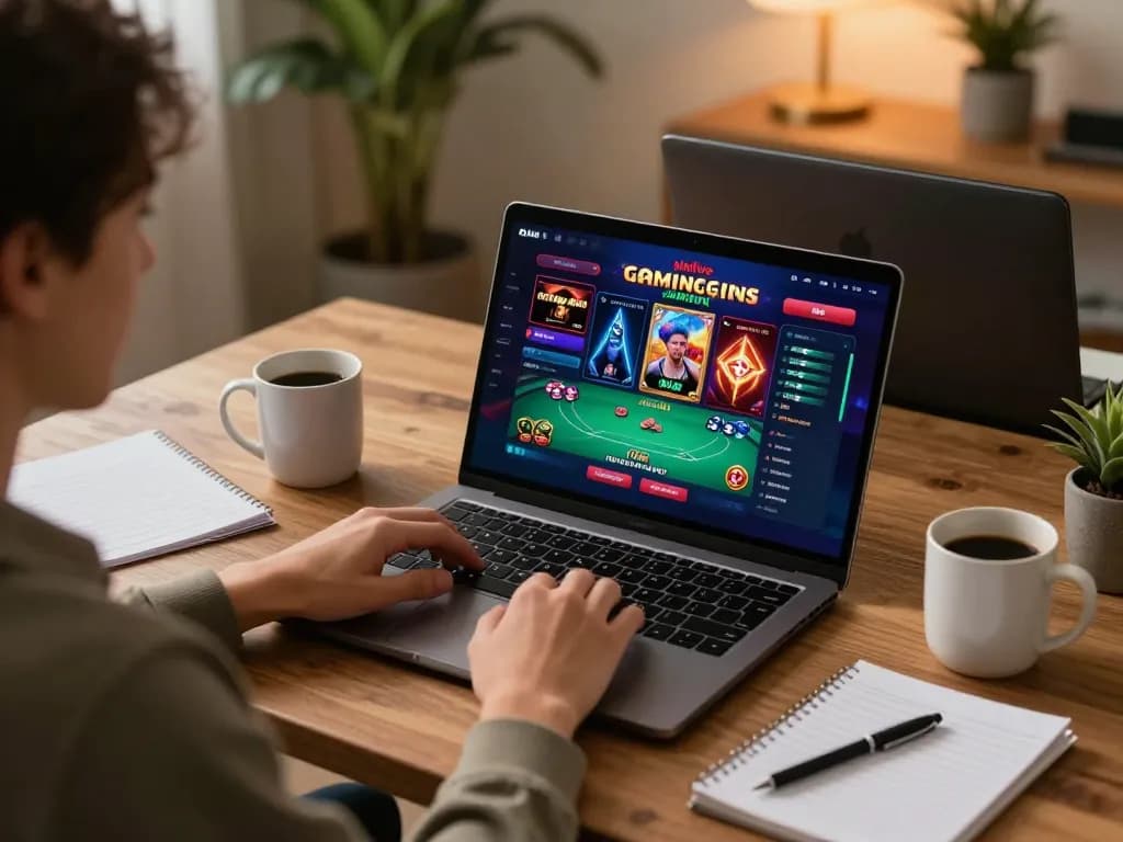 Engaging almlive online gameplay with laptop showcasing poker, player in cozy home setting