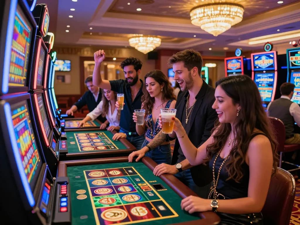 Kelompok teman yang bersemangat merayakan di slot gacor hari ini di kasino yang hidup.