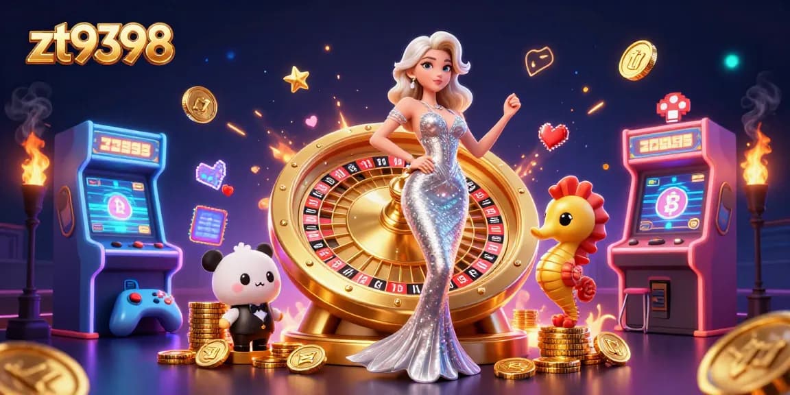 Experience excitement and thrill with zt9398 at the stunning roulette table, surrounded by vibrant 3D casino elements.