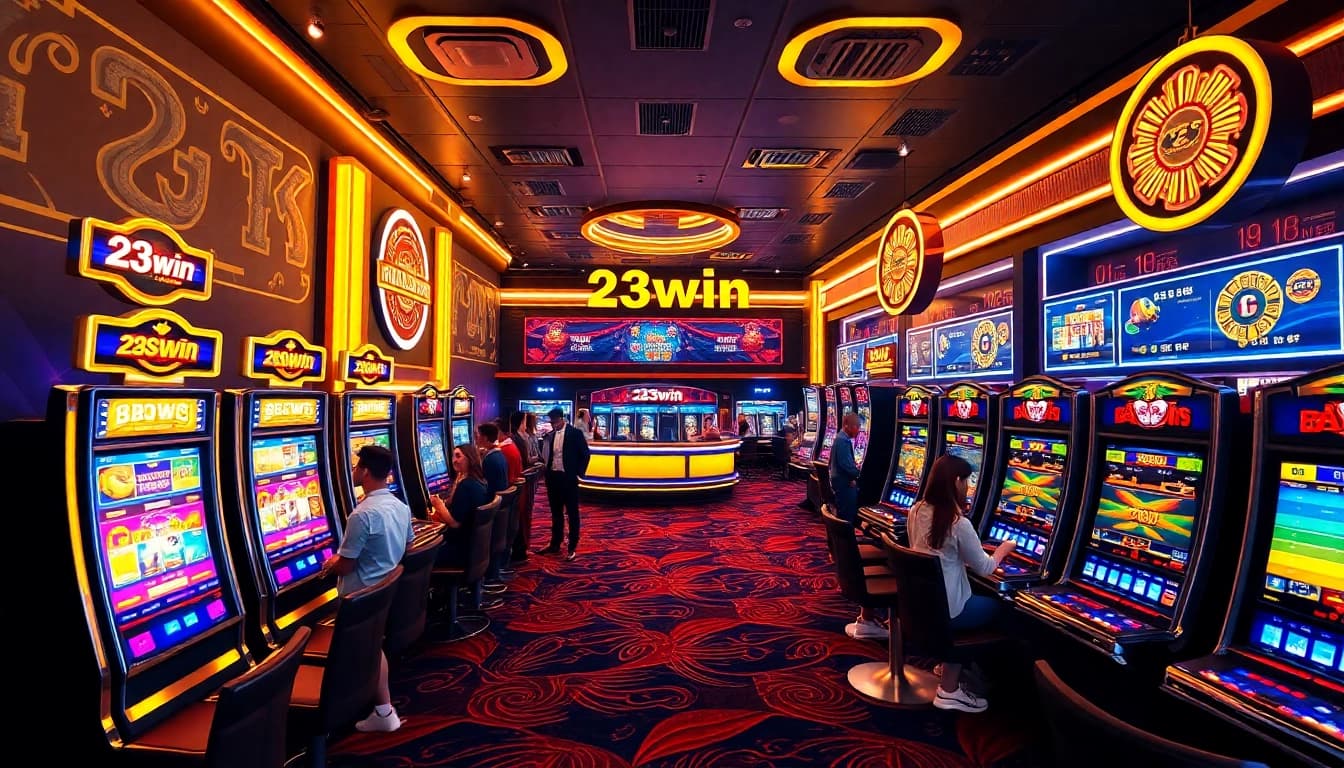Exciting casino scene showcasing 23win's vibrant slots, sports betting, and welcoming ambiance.