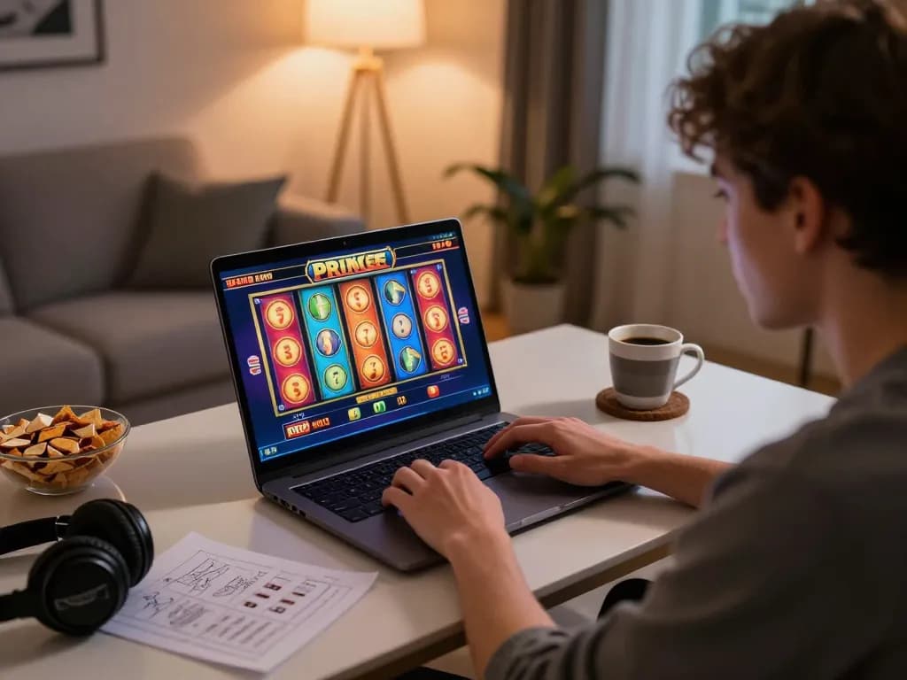 Engaged player enjoying slot online gaming on a laptop in a cozy living room.