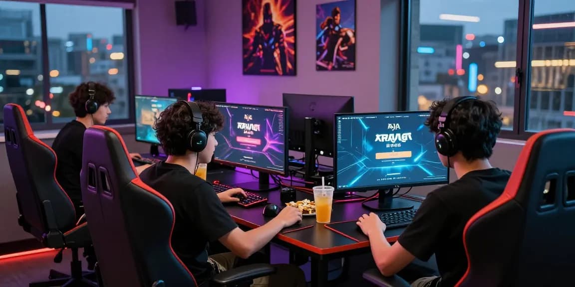 Raja Game login scene with gamers engaged at vibrant gaming setup surrounded by dynamic decor.