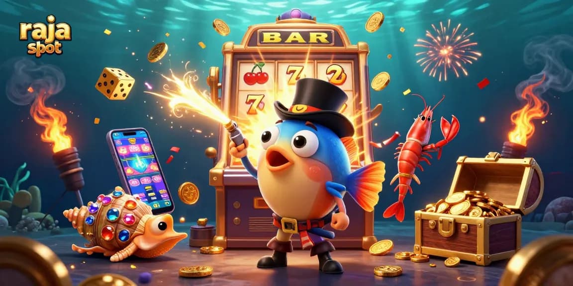 Win big with raja slot featuring a dazzling underwater scene with vibrant characters and slot game elements.