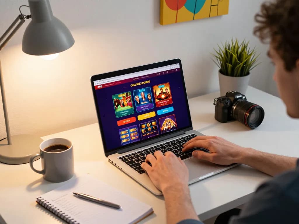 Person exploring GO8 online casino on laptop while strategizing with notes.