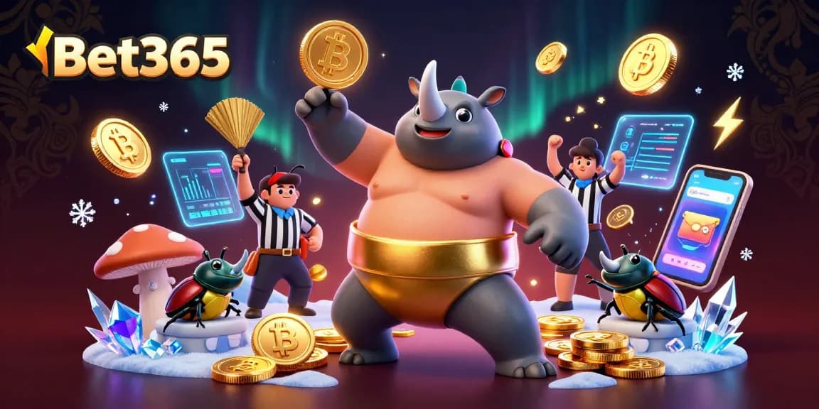 Bet365 champions vibrant 3D cartoon casino scene, featuring beetle characters amid flying coins.