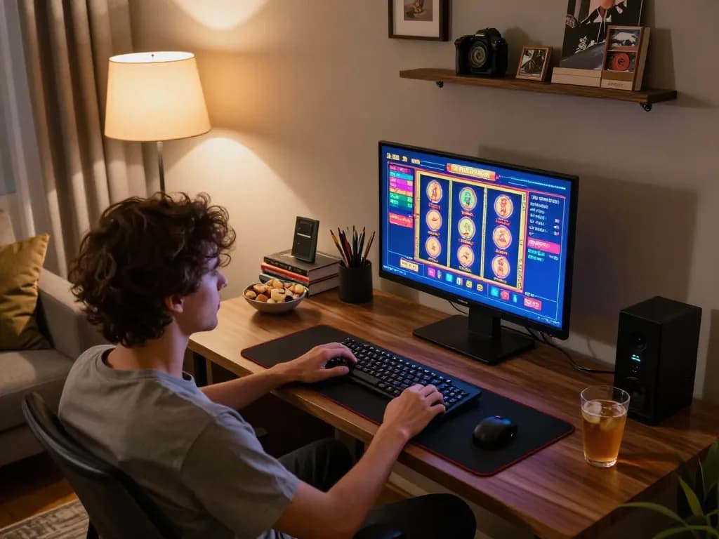 Engaging online gaming scene at home showcasing Hay88 slot games on a sleek desktop.