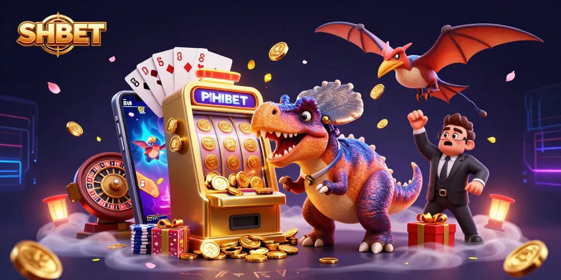 SHBET rewards players with jackpot coins from a golden slot machine amidst a vibrant casino scene.