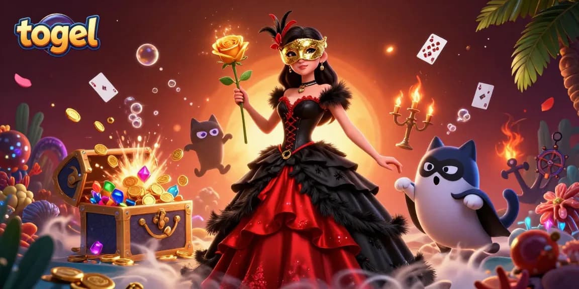 Experience the thrill of togel with vibrant 3D illustration of a woman and cat, surrounded by casino treasures.