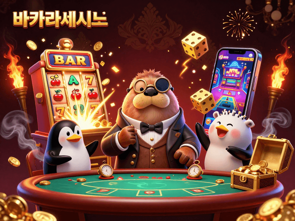 바카라사이트에서 바카라 게임을 즐기는 귀여운 캐릭터들로 가득한 화려한 일러스트입니다.