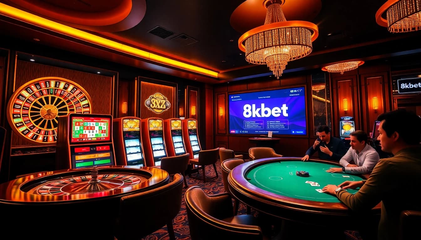 8kbet players enjoy an exciting online casino experience with vibrant slot machines and a roulette wheel.