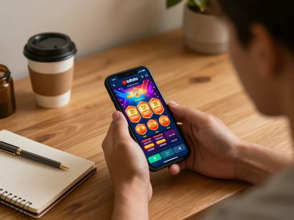 Player engages with kdtoto casino app on smartphone during a cozy home gaming session.