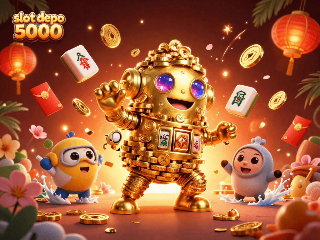 Spin and win with slot depo 5000’s dynamic golden golem amidst vibrant casino elements