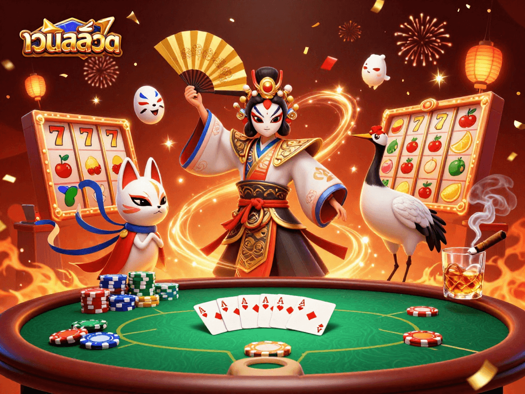 Play thrilling slots at เว็บสล็อต with vibrant visuals in a dynamic casino scene featuring lucky symbols and characters.
