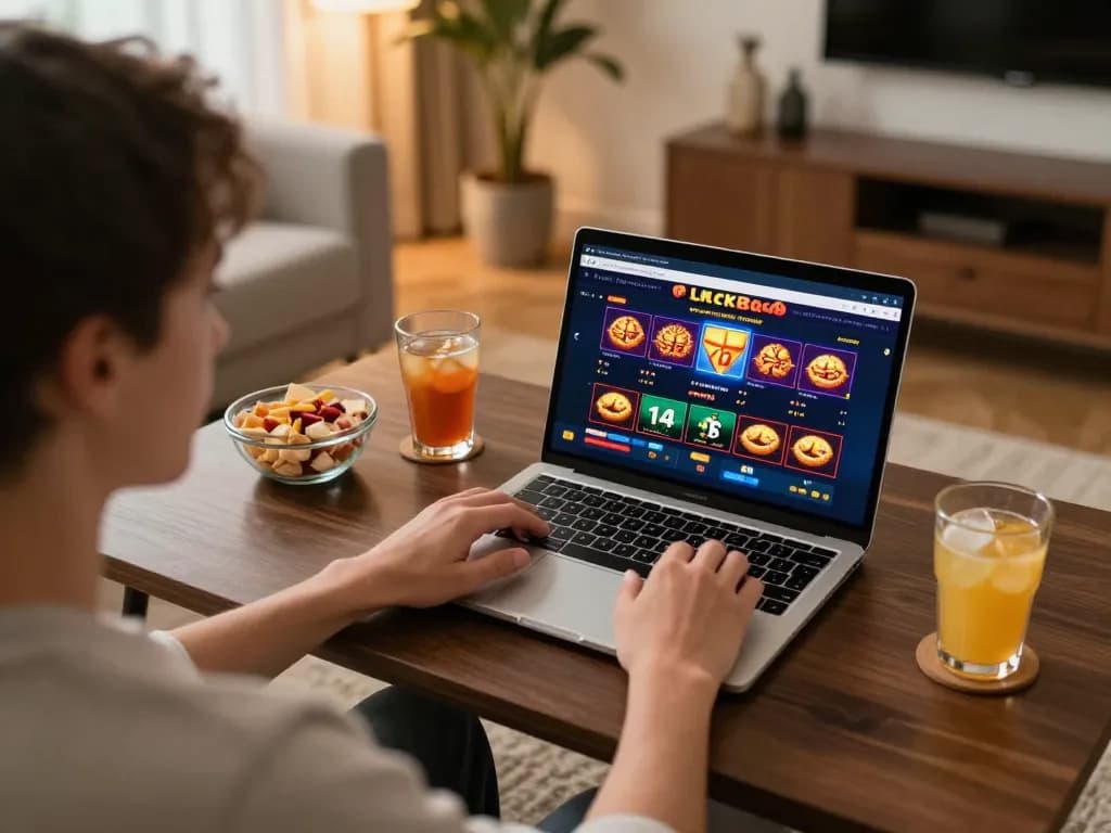 Player enjoying luck88 online casino games at cozy home setup with laptop and snacks.