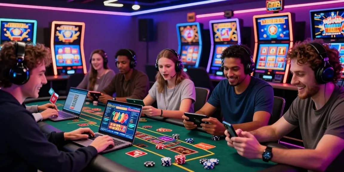 Engaged players at online credit card casinos enjoying gaming on laptops and mobile devices in a vibrant, dynamic atmosphere.