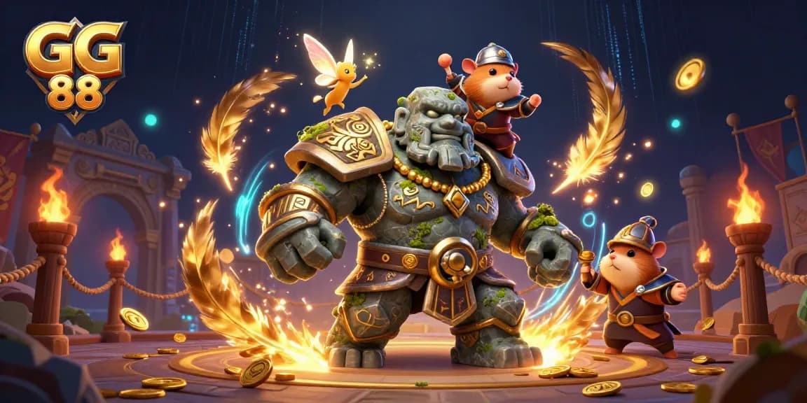 Engage with the exciting magical scene of GG 88 showcasing a golem guardian with a fairy and hamster knight amidst casino elements.