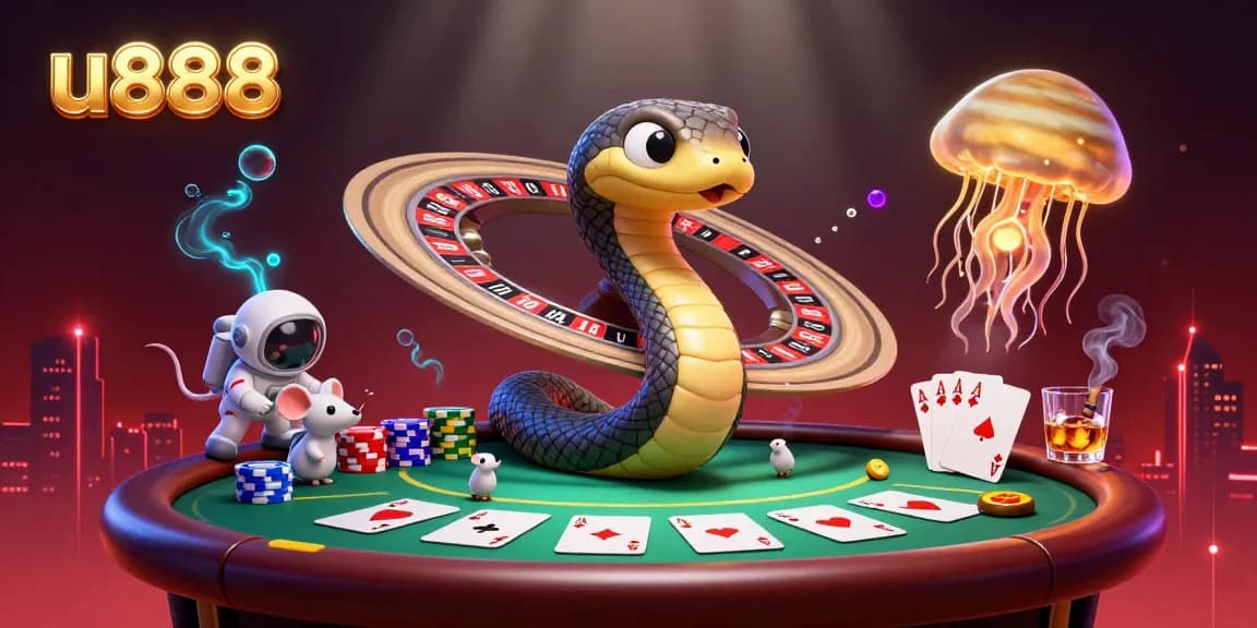 Experience exciting betting moments with u888 as astronauts place wagers on roulette rings in a vibrant cosmic scene.