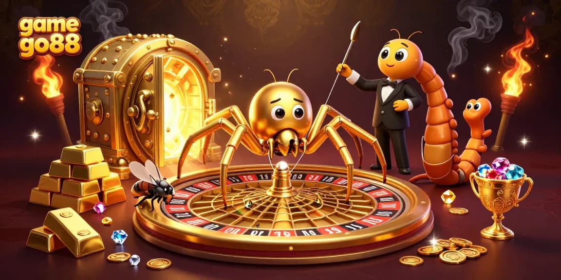 Place bets with excitement in game go88, featuring a lively illustration of a spider and centipede at a casino.