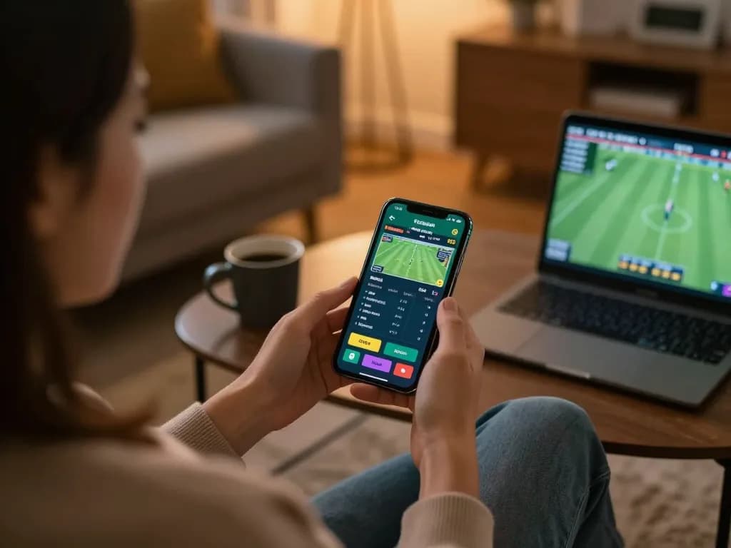 Engaging in mobile sports betting with ทางเข้า m104 app in a cozy home setting.