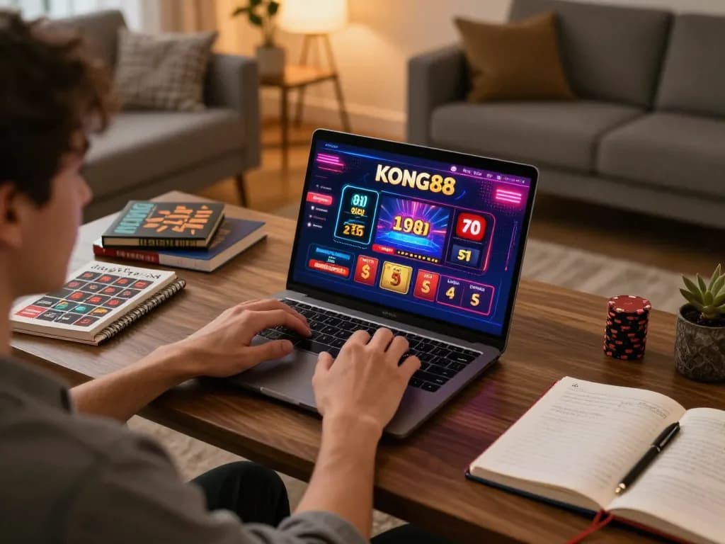 KONG88 user engaging in online casino gameplay, showcasing vibrant interface and cozy home setup.