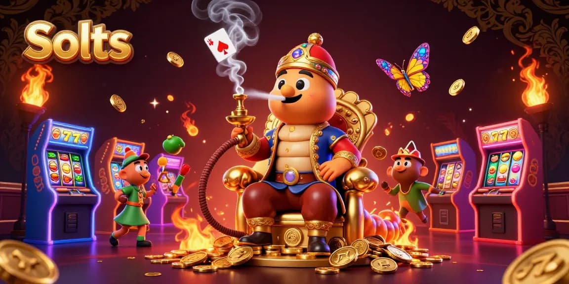 Spin to win on Slots with a colorful scene featuring animated characters and casino elements.