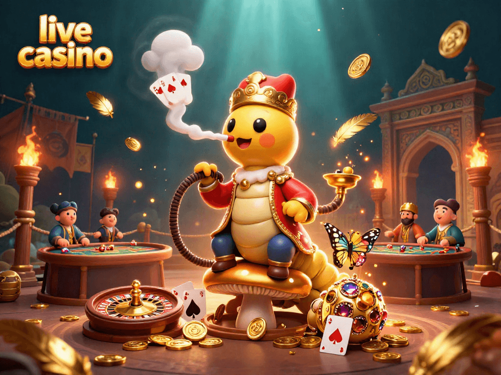 Engaging live casino scene with a caterpillar master, poker symbols, and vibrant gambling elements.