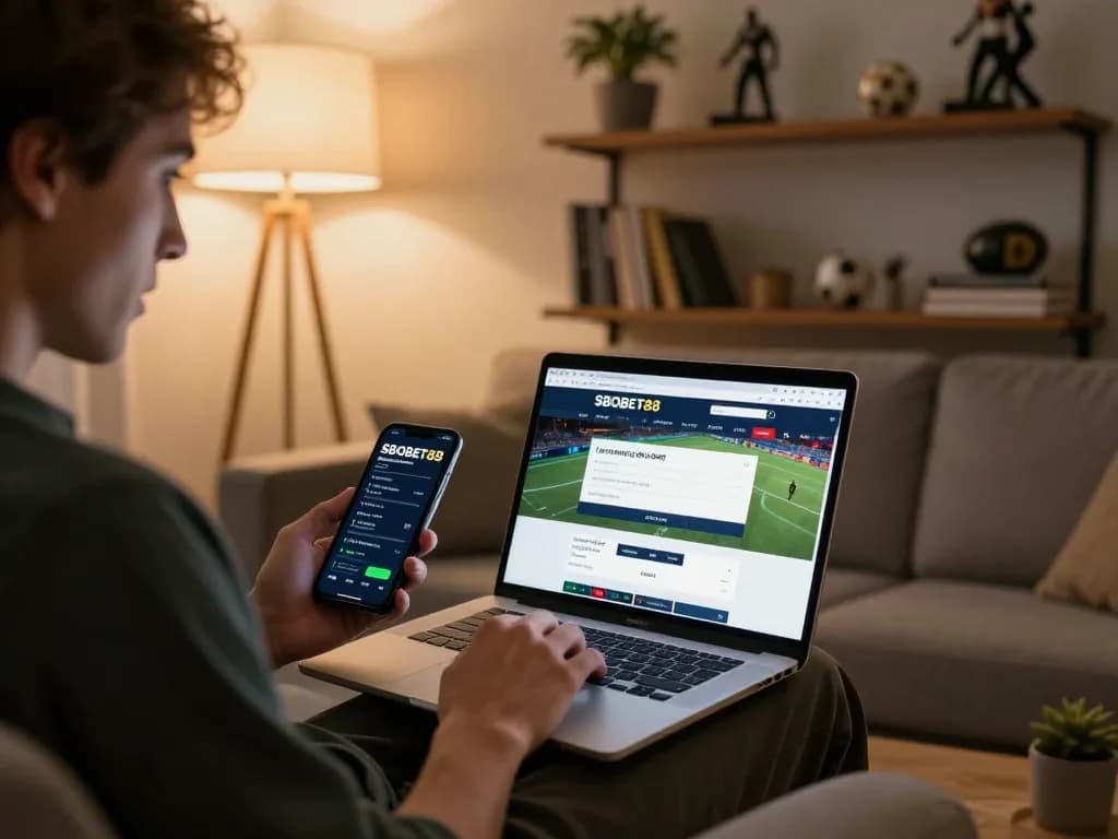 SBOBET88 login on a laptop with sports betting statistics, showcasing responsible gambling at home.