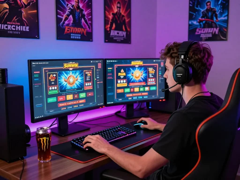 Engaged gamer playing tải sunwin on dual monitors in a vibrant gaming room.