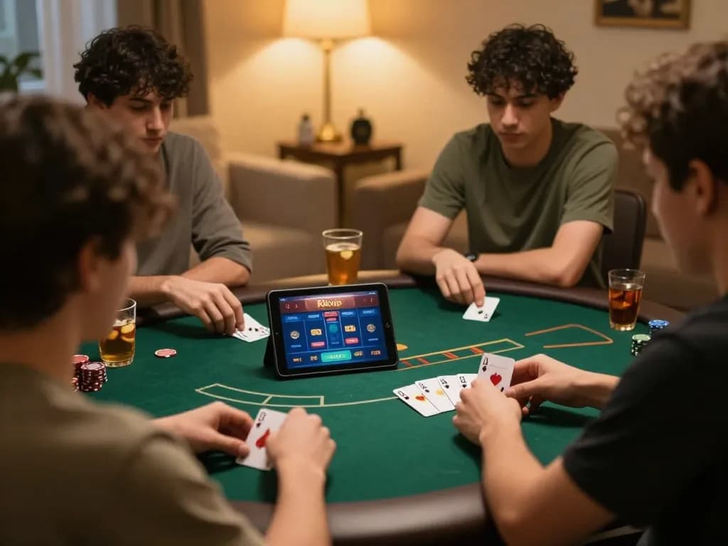 Rikvip players strategizing over an online poker game from a cozy home setup