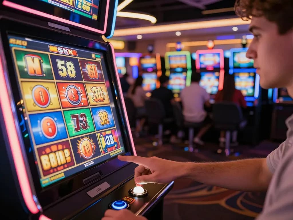 Player enjoying slot 5k machines in vibrant casino with bright neon lights
