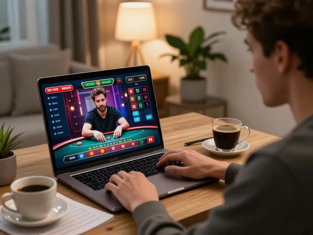 Engaging with online casino gameplay on laptop featuring megaplus88, emphasizing strategic betting techniques in a cozy home setting.
