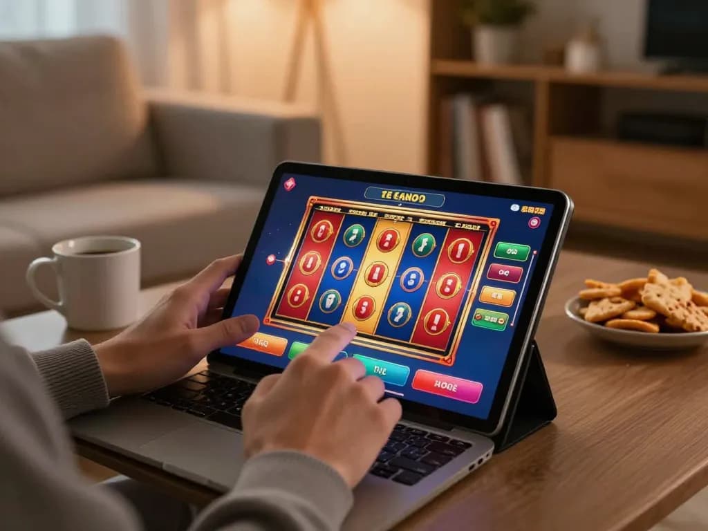 Playing slot terpercaya on a tablet in a cozy living room with vibrant game interface visible.