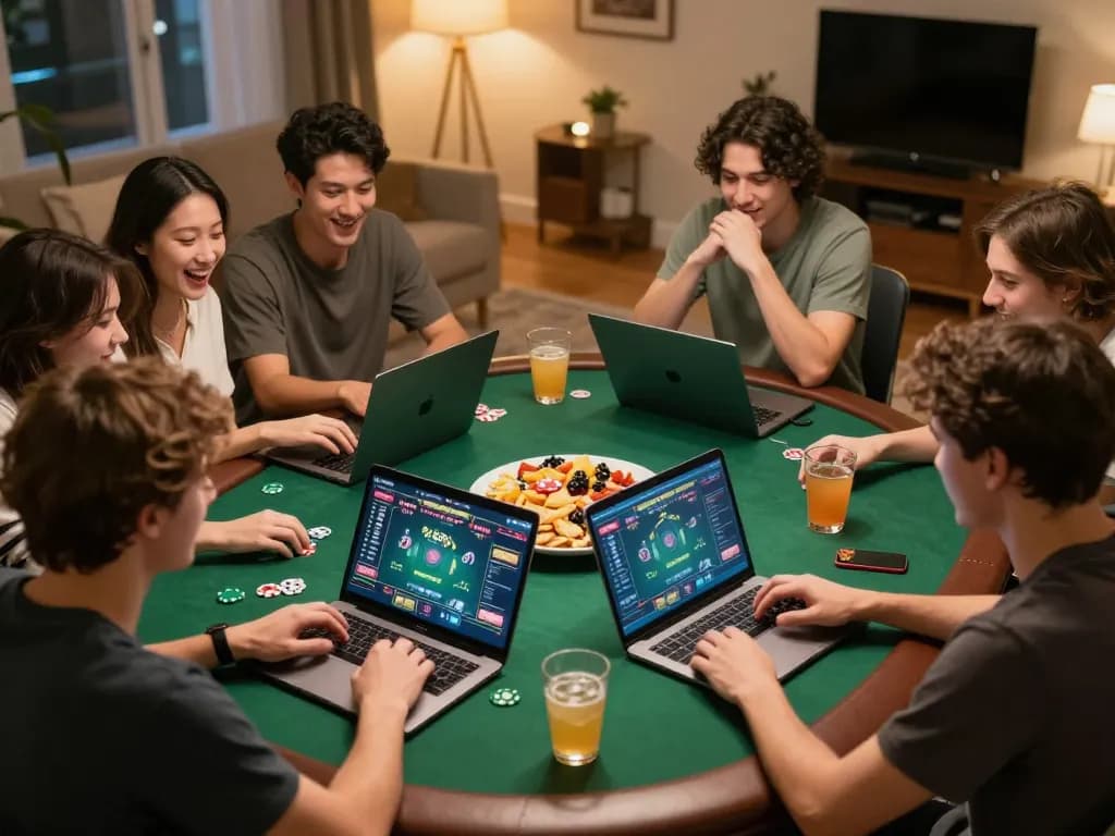 เพื่อนที่สนุกสนานกับการดูหนังใหม่ในขณะที่วางกลยุทธ์สำหรับเกมโป๊กเกอร์ออนไลน์ของพวกเขา